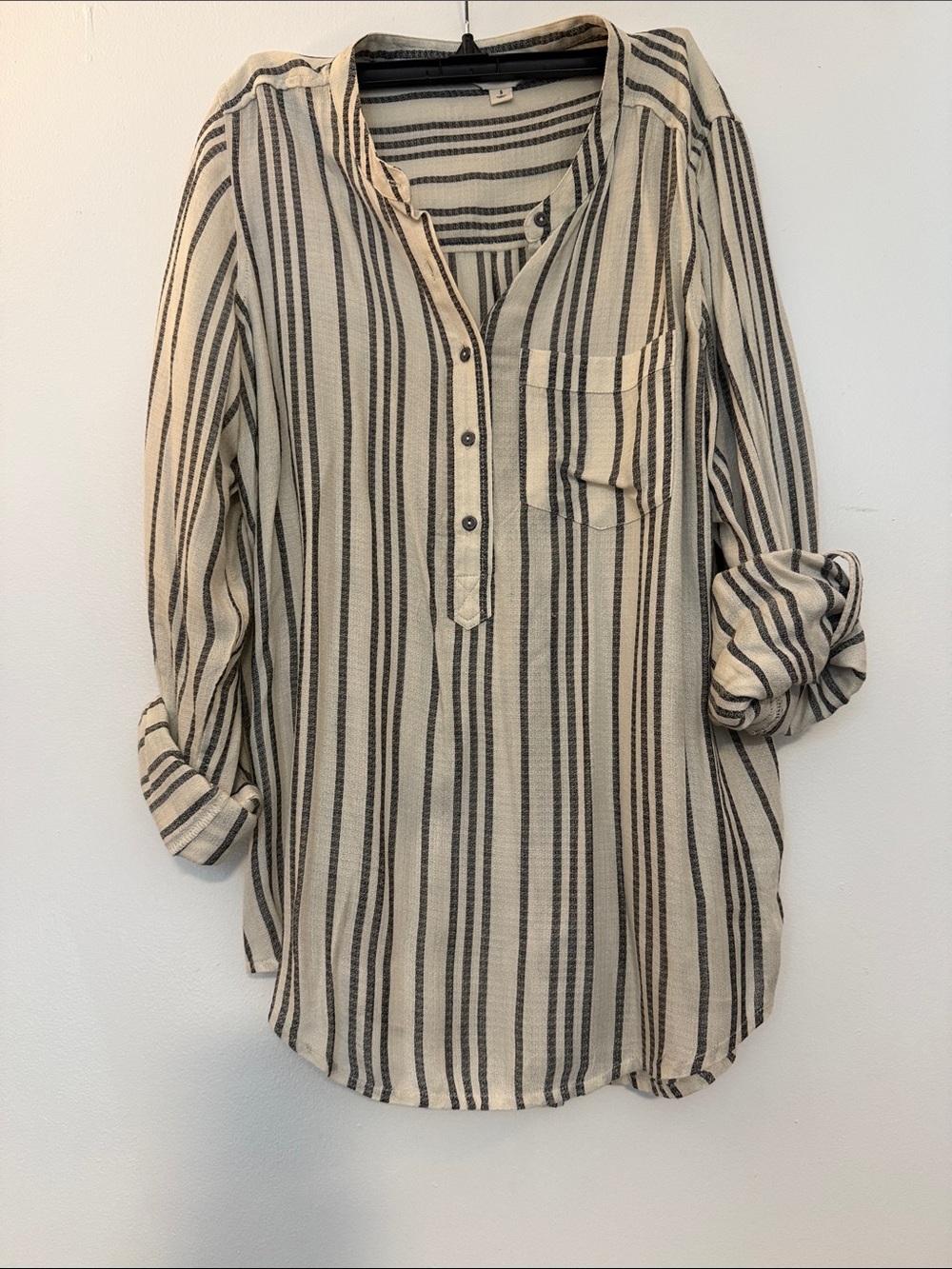 Lucky Brand Cream and Black Vertical Stripe Henley Blouse